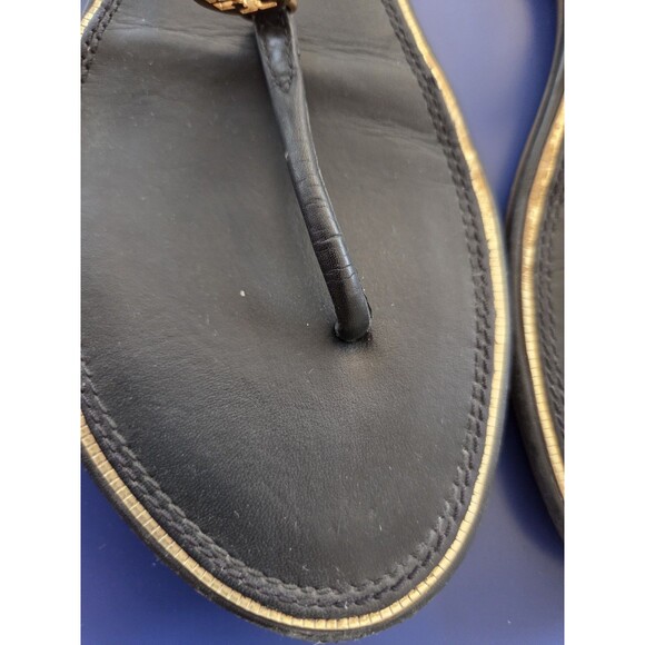 Tory Burch Women's 7M Leather Black  Emmy T-strap Sandal Gold Logo Flat Shoe - Picture 5 of 11